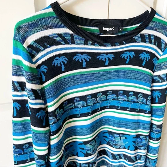 Desigual Tropical Border Flamingo Floridian Blue Black Knit Sweater Size Medium